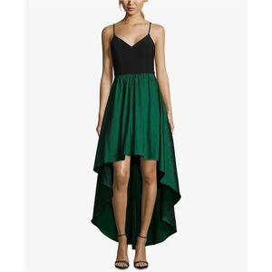 Betsy & Adam V Neck High Low Maxi Dress Formal Gown Emerald Green & Black 10